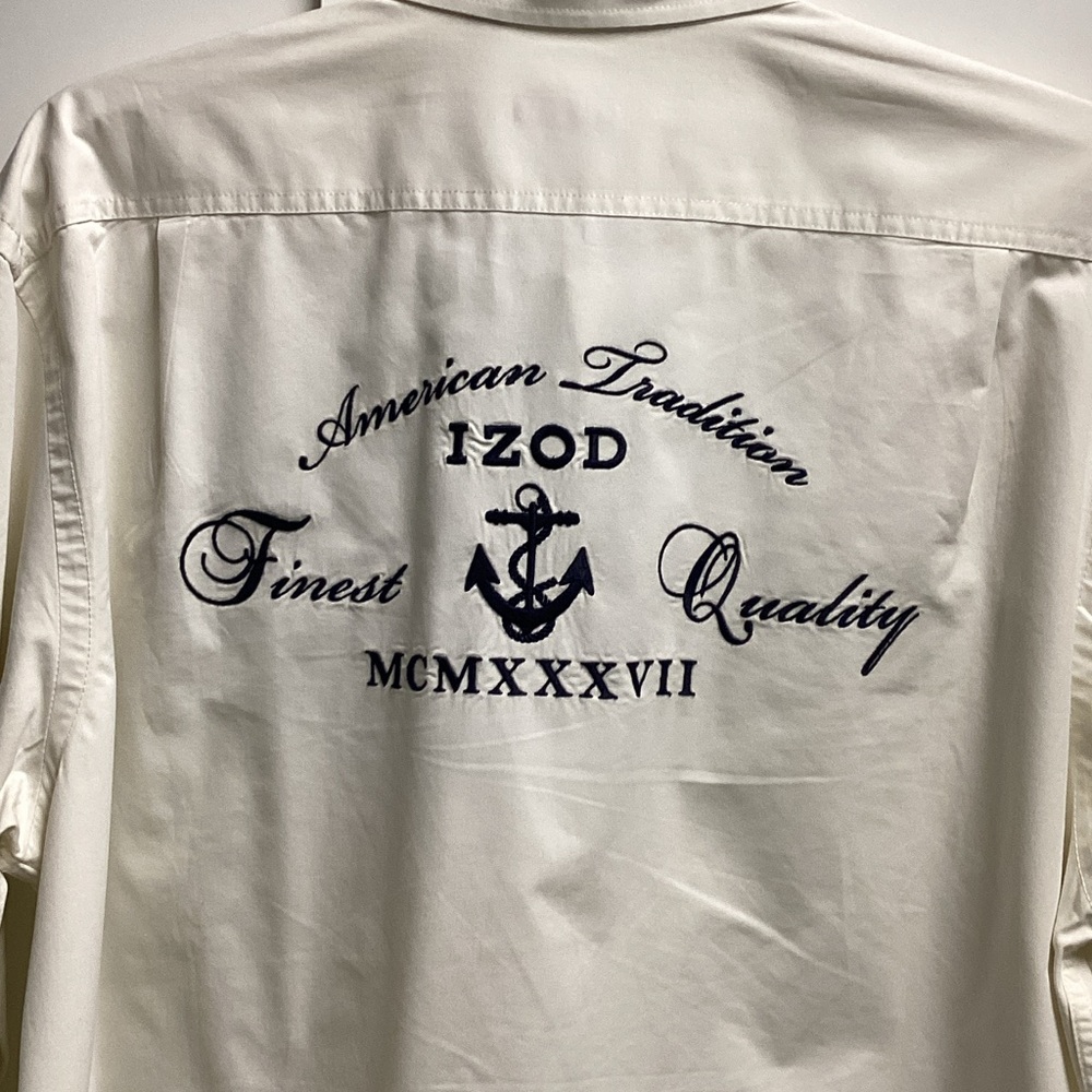 Izod White Button-Down Shirt with Navy Anchor Embroidery
